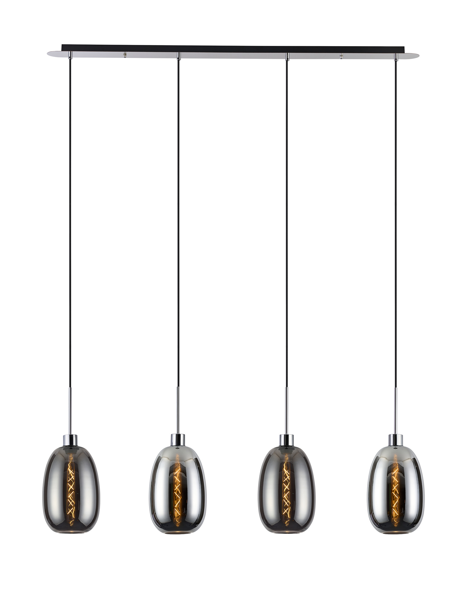 DK1318  Lori Linear Pendant, 4 Light Adjustable E27, Polished Chrome/Chrome/Smoke Slim Curved Trapezium Shades